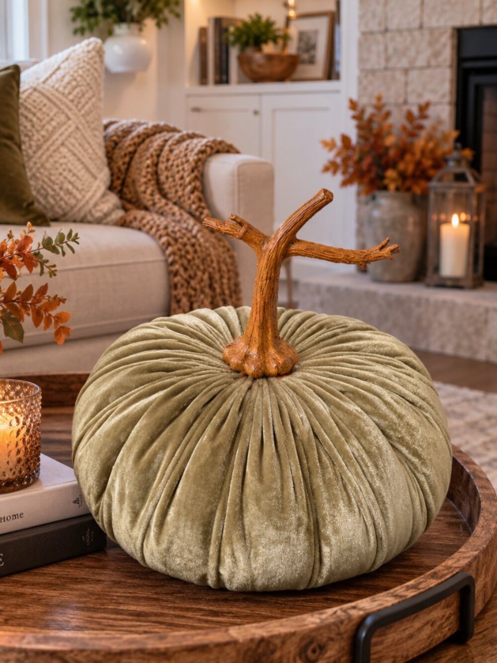 Z Gallerie decorative green velvet pumpkin with a branched stem